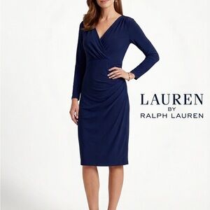 Lauren Ralph Lauren Dress Womens 8 Surplice Neck Faux Wrap Ruched Side MIDI